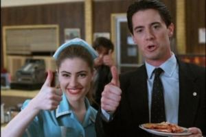 [Image: Shelly Johnson and actual puddin pop Agent Cooper give the thumbs-up for pie in Twin Peaks] Source: abc.net.au