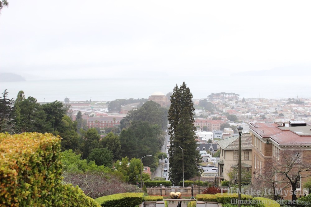 The view of the city and Palace of the Fine Arts from the staircase in the Presidio.