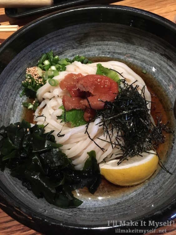 Cold udon with green onions, shiso, sour plums, and lemon.