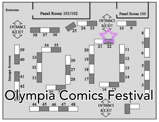 Image of Olympia Comics Festival. Table 22 is near the Entrance/Exit near Panel Room 101/102 and Panel Room 103.