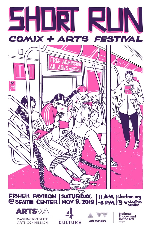 Short Run poster. Black, white and pink illustration of people reading on the light rail.