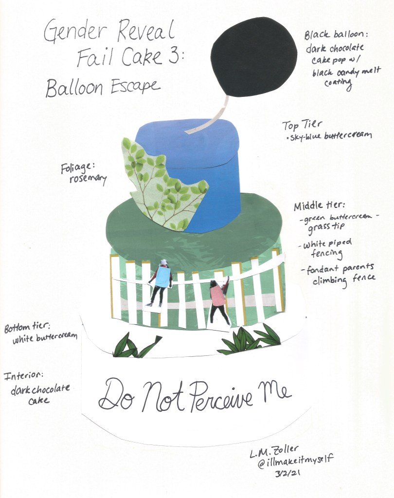 A three-tiered cake. Description of the art: A collage of a three-layer cake. The bottom layer is white with “Do Not Perceive Me” written in cursive; the middle layer has a grass-green background with white fencing around it. There are two parents in blue and pink shirts climbing the fence. Between the second and top tiers is some foliage. The top tier is sky-blue. There is a black balloon escaping from the top. Description of the ingredients: The cake flavor is dark chocolate. The bottom layer has white buttercream frosting and the lettering in script “Do Not Perceive Me.” The middle tier has green frosting piped with a grass tip; white piped fencing, and fondant parents climbing the fence. The top tier is sky-blue buttercream. Stuck into the top will be a black balloon-shaped cake pop covered in black candy melt coating.