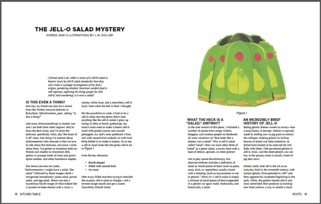 The layout of my piece “The Jello Salad Mystery” with collage art of a green jello salad in a Bundt shape.
